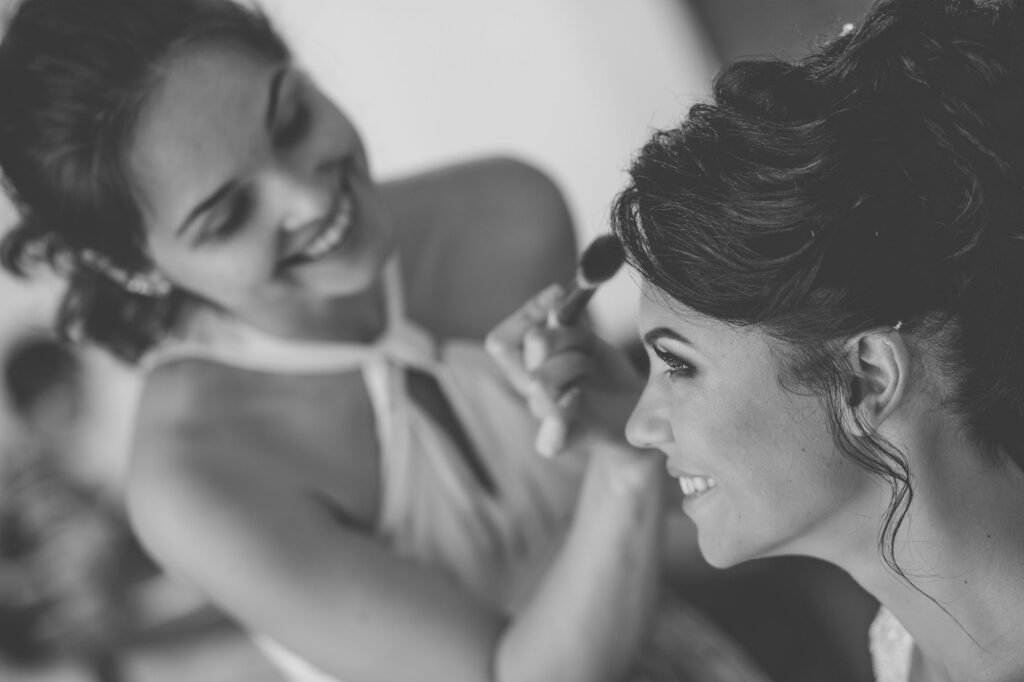 Makeup artist making work - visage to young bride. Wedding morning