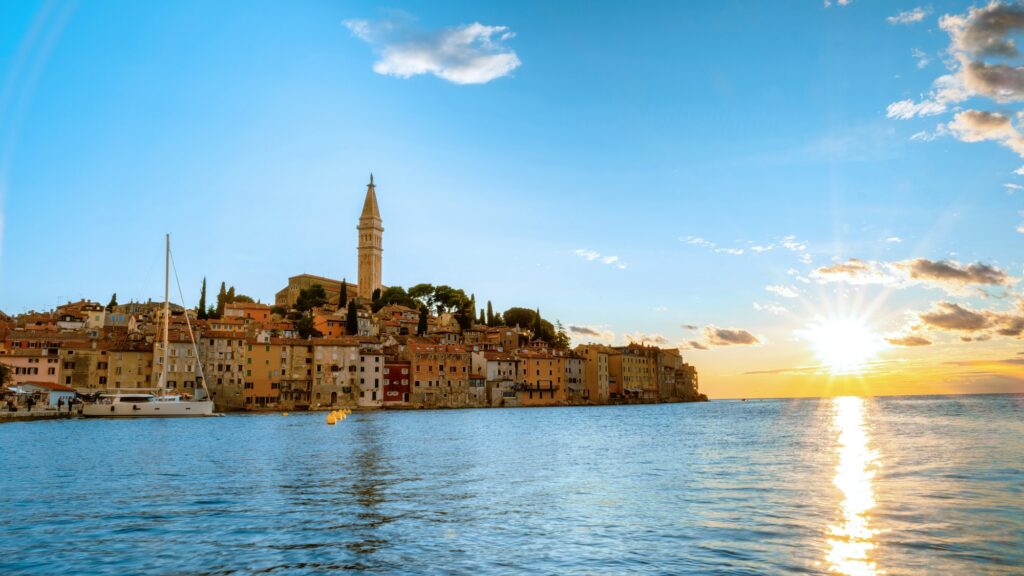 Rovinj village during sunset Adriatic sea Croatia, sunset at Rovinj town Croatia