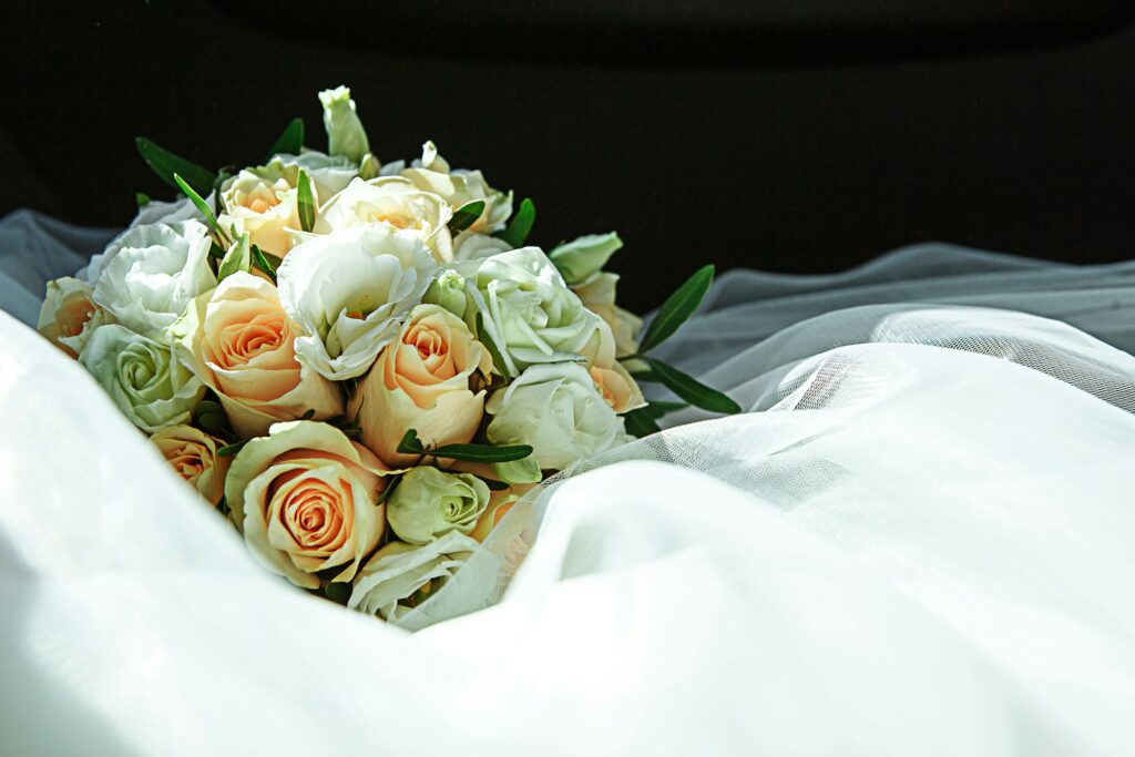 Wedding bouquet of the bride. Floristics, festive decoration of fresh flowers