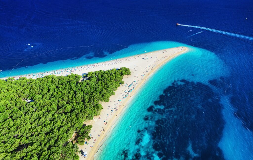 Zlatni rat beach, Hvar island, Croatia. Aerial landscape at the summer time